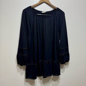 Cupio Flowy Relaxed Long Sleeve Stretchy Crotchet Detail Blouse Shirt Top Black